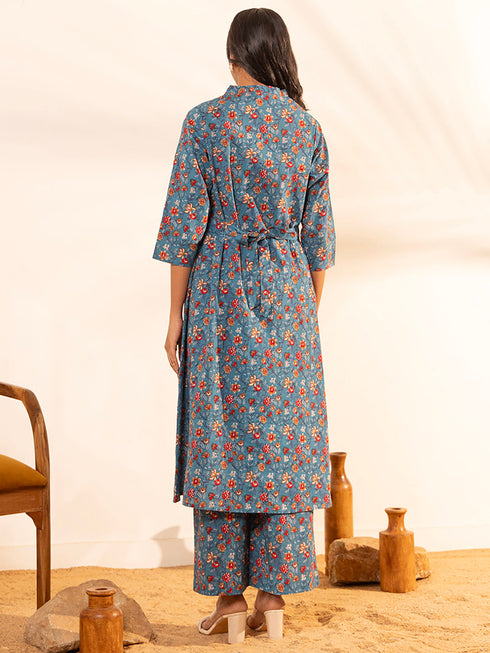 Blue Cotton Floral A-Line Kurta Set